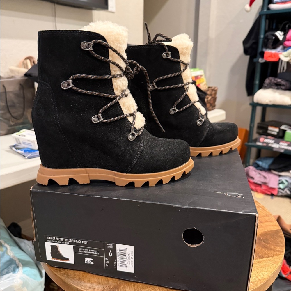 Sorel Black and Tan Wedge Boots